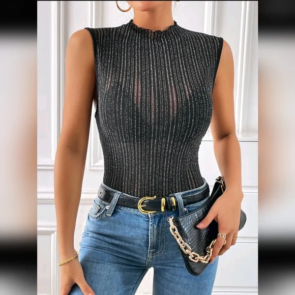 New Womens Elegant Black Mesh Sleeveless Top XL - Picture 2 of 2